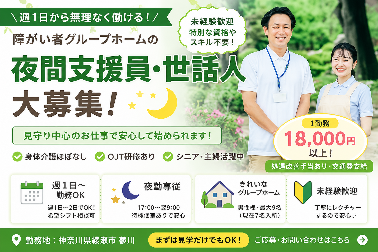 【夜勤1回18,000円以上】障がい者グループホームの夜間支援員・世話人募集｜週1日OK｜未経験歓迎｜綾瀬市